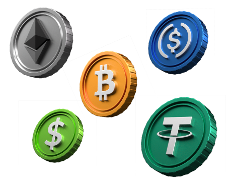 Cryptocurrency coins including Bitcoin, Ethereum, and stablecoins